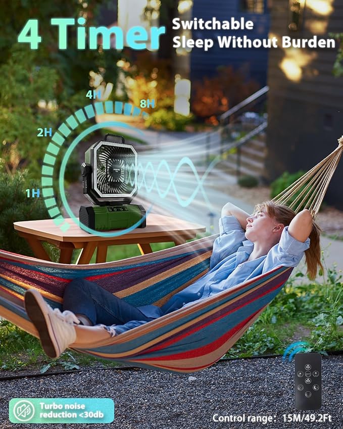 Portable Camping Fan, 20000mAh Rechargeable Battery Operated Oscillating Fan for Tents, 4 Speeds, 360° Rotation Hook, LED Light for Outdoor RV Travel Essentials- Green(No Bluetooth Speaker)