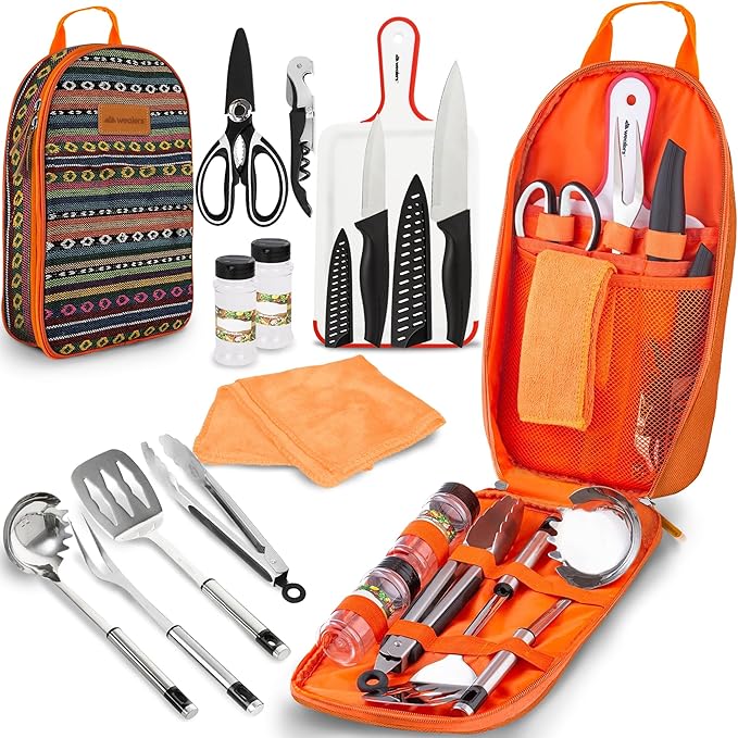 Camp Kitchen Cooking Utensil Set Travel Organizer Grill Accessories Portable Compact Gear for Backpacking BBQ Camping Hiking Travel Cookware Kit Water Resistant Case