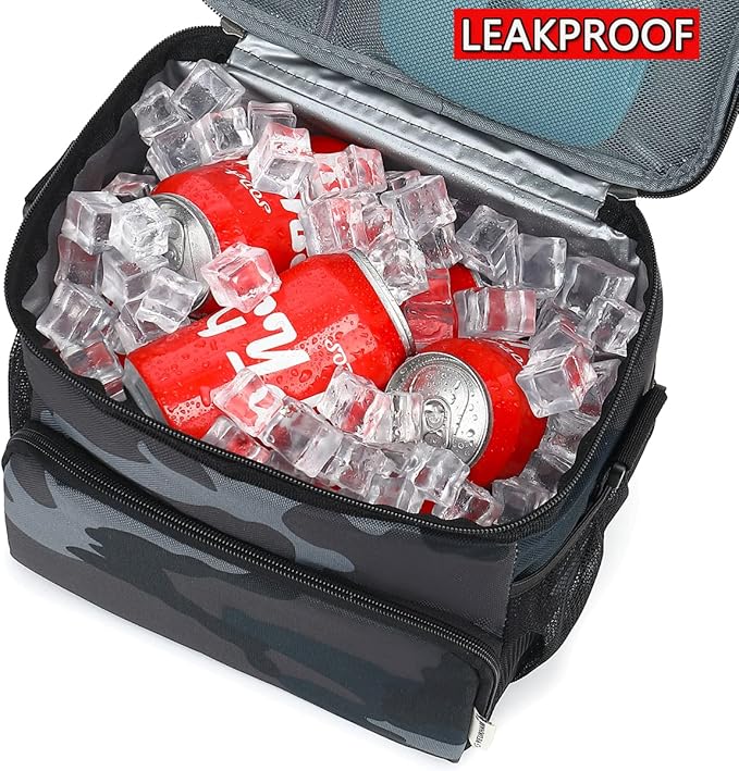 Insulated Reusable Lunch Bag Adult Large Lunch Box for Women and Men with Adjustable Shoulder Strap,Front Zipper Pocket and Dual Large Mesh Side Pockets,Black Camo