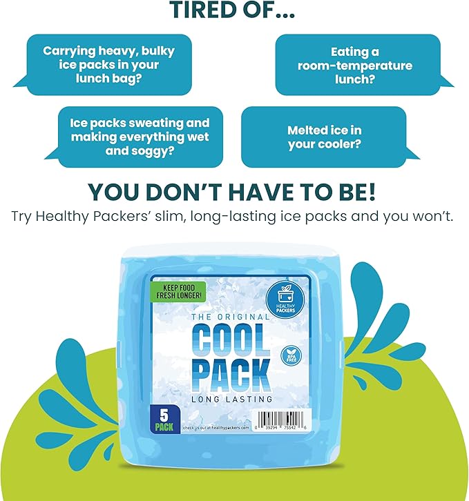 Healthy Packers Ice Pack for Lunch Box - 5 Ice Packs - Original Slim & Long-Lasting Freezer Packs for your Lunch or Cooler Bag