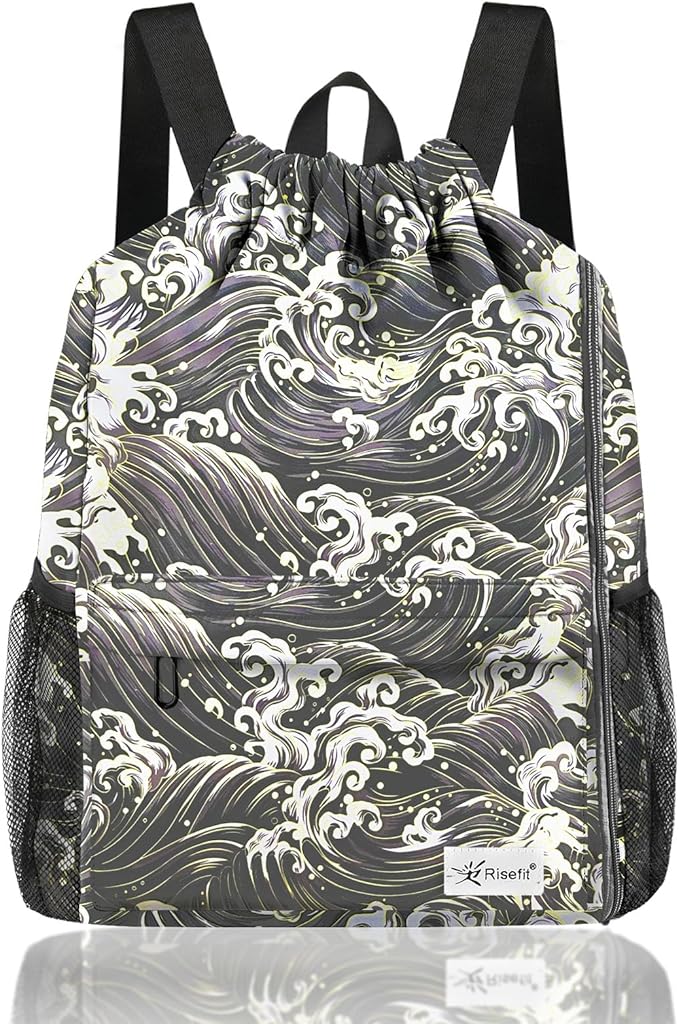 Drawstring Backpack with Mesh Pockets String Gym Bag Sackpack Sandproof Water Resistant Beach Backpack for Men Women