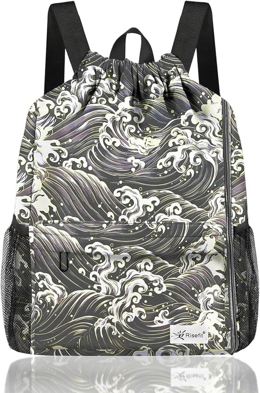 Drawstring Backpack with Mesh Pockets String Gym Bag Sackpack Sandproof Water Resistant Beach Backpack for Men Women