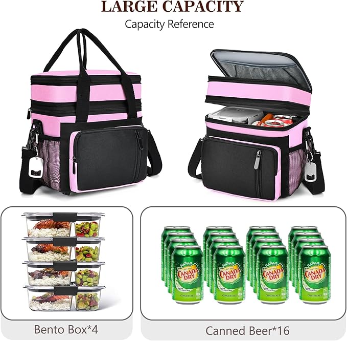 Lunch Bag Women & Lunch Box for Women, Large Insulated Adult Lunch Box, Leakproof Cooler Lunchbox with Bottle Opener for Work Picnic Beach, 16L, Pink