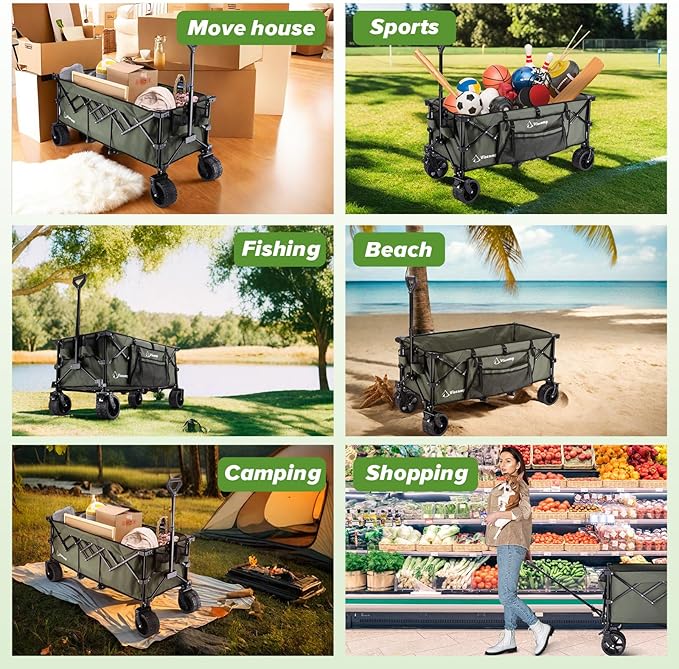 48''L Wagons Carts Foldable, 440Lbs Beach Collapsible Wagon Heavy Duty Garden Cart with Wheels and Elastic Rope Wagon for Shopping Camping and Storage(Army Green)