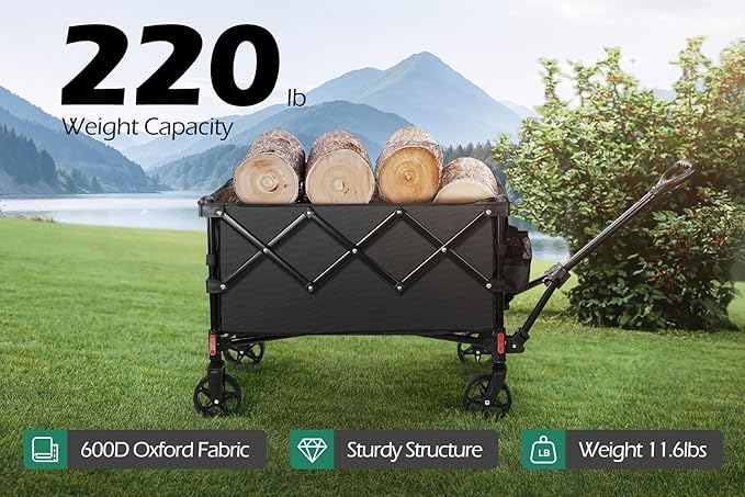 Camping Wagons Carts Foldable, Leonyo 220lbs Beach Collapsible Wagon with Wheels, Heavy Duty Grocery Cart on Wheels for Pet, Shopping, Groceries, Garden, Outdoor Activities, Black
