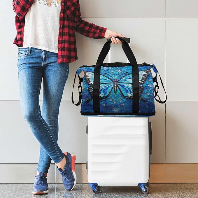 Blue Dream Butterfly Travel Duffel Bag Waterproof Gym Sport Tote Bag Carry On Weekender Bag with Compartment