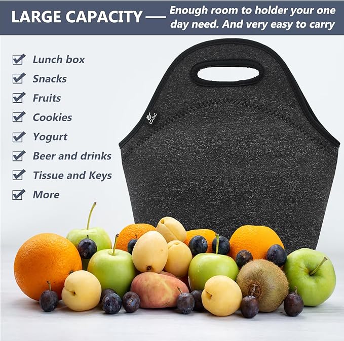 LOVAC Neoprene Lunch Bag for Men,Insulated Lunch Tote,Durable and Waterproof Lunch Bag,Reusable Soft and Lightweight (Black)