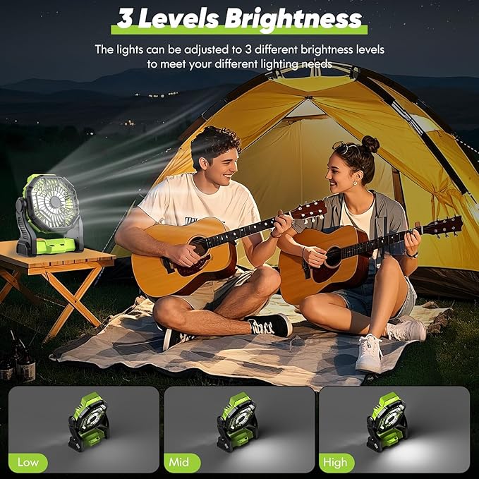Battery Powered Fan Rechargeable, Real 10000mAh Portable Camping Fans for Tents, 10-Inch Cordless Battery Fans with LED Lights, Quiet Outdoor Fan for Travel, Hurricane, Power Outage, Green