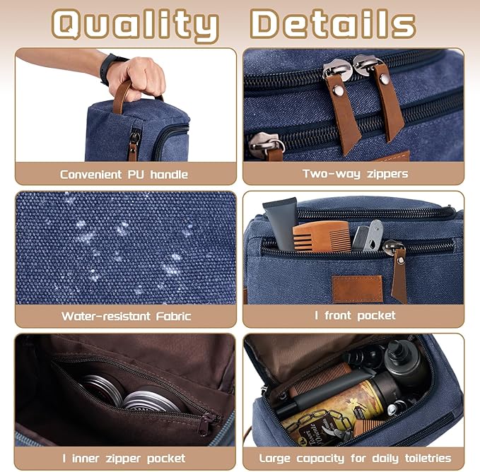 Men's Canvas Toiletry Bag, Large Capacity Men's Travel Portable Toiletry Bag, Organizer Dopp Kit Leather Accessory, Water-resistant Shaving Pouch, Birthday/Anniversary/Groomsmen Gifts for Him- Blue