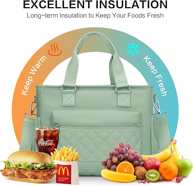 16L Lunch Bag for Women, Large Lunch Box Women for Work, Lunch Tote Bag for Adults, Green