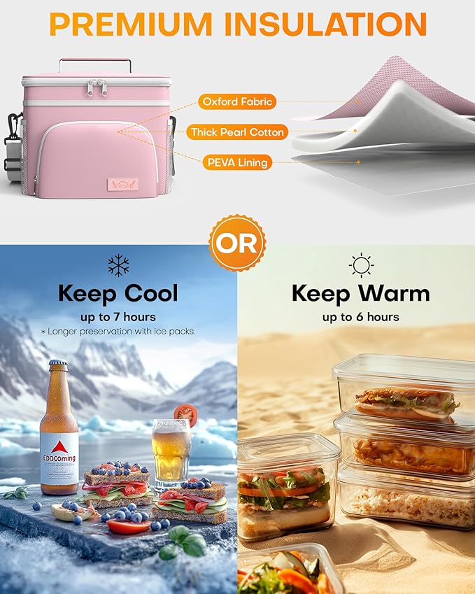 HOTOR Insulated Lunch Box for Men & Women - Leak-Proof Cooler Lunch Bag with 4 Pockets, Adjustable Strap, Ideal for Work, Picnic, Travel - Medium, Light Pink, 10.2"×6.9"×8.5"