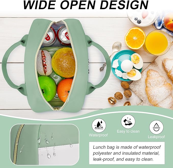 LOKASS Lunch Bag for Women-Insulated Adults Lunch Box with Front Pocket- Small Cute Lunch Tote for Work-Reusable Cooler Bag for Office Picnic Beach or Travel (Light Green)