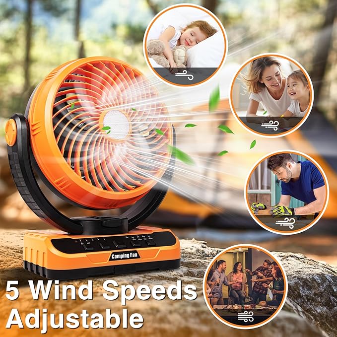 Camping Fan with LED Lantern, 40000mAh Rechargeable Battery Operated Outdoor Tent Fan with Light & Hanging Hook, 5 Speeds, Personal USB Desk Fan for Camping, Power Outage, Hurricane, Jobsite