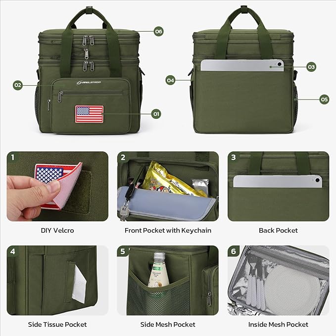 Maelstrom Tactical Lunch Box for Men, 23L Insulated Lunch Bag, Expandable Double Deck Cooler Bag, Lightweight Leakproof Tote Bag With Side Tissue Pocket, Suit For Men and Women, Army Green