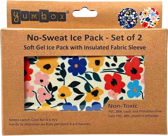 Yumbox Reusable Soft Ice Packs with Fabric Sleeve for Lunch Box and Cooler, Sweatproof, Pack of 2 Gel Ice Packs (Flowers)