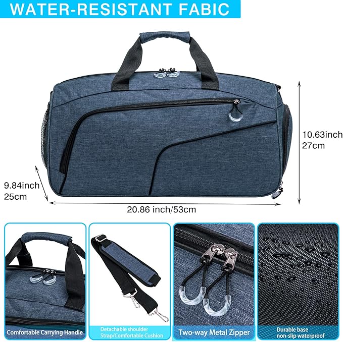 Kuston Sports Gym Bag with Shoes Compartment &Wet Pocket Gym Duffel Bag Overnight Bag for Men and Women(Blue)