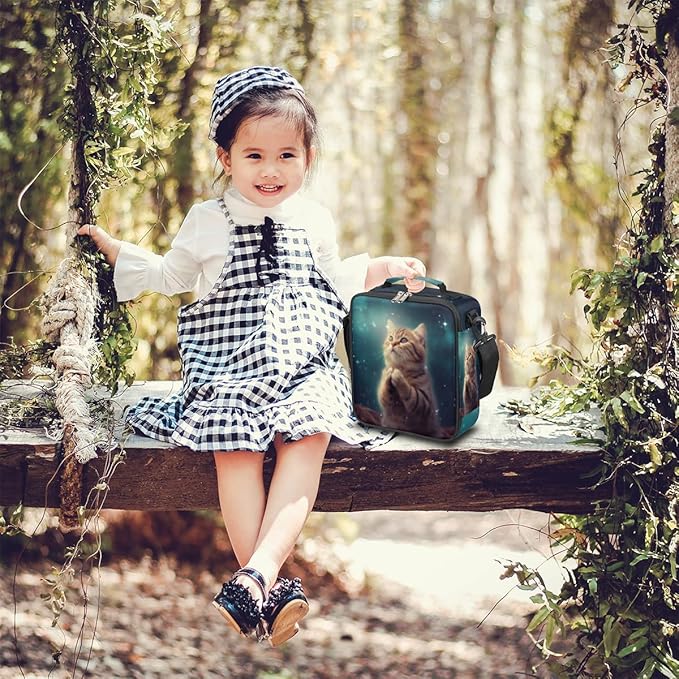 Cat Lunch Box for Kids, Cute Kitten Space Universe Lunch Bag for Boys Girls, Reusable Insulated Waterproof Lunch Box with Adjustable Shoulder Strap Thermal Cooler Tote Bag for School Daycare Picnic