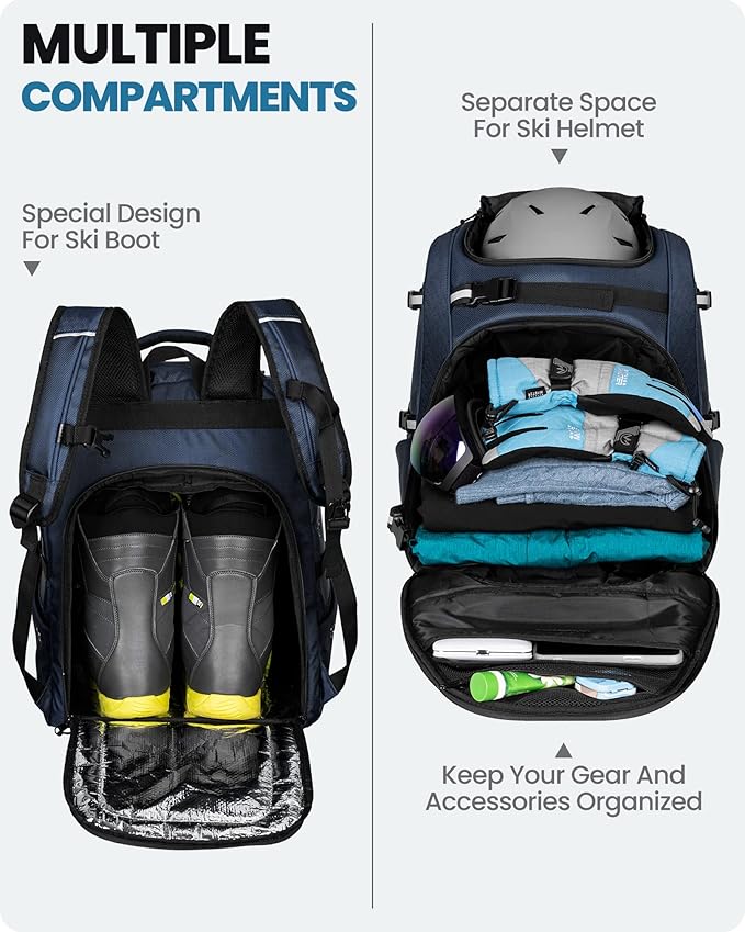 OutdoorMaster Ski Boot Bag, 50L Waterproof Snowboard Bag for Air Travel, Travel Boot Backpack for Ski Helmet, Goggles, Gloves, Skis, Snowboard & Accessories, for Men, Women and Youth - Blue