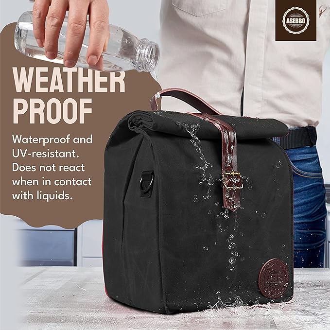 Insulated Lunch Bag for Women & Men - Reusable & Leak Proof Lunch Box Cooler Bag for Work, Beach, Travel for Adults with Shoulder Strap, Father's Day Gift - Waxed Canvas (Black) - Reusable Bag