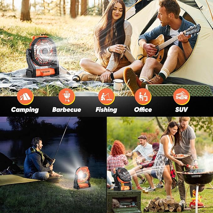 Portable Rechargeable Camping Fan, 10-Inch Battery Operated Fan, Quiet Table Fan with LED Lights, 4 Fan Speeds and 125°Rotation, Rechargeable Beach fan for Travel, Fishing, Picnic, Orange