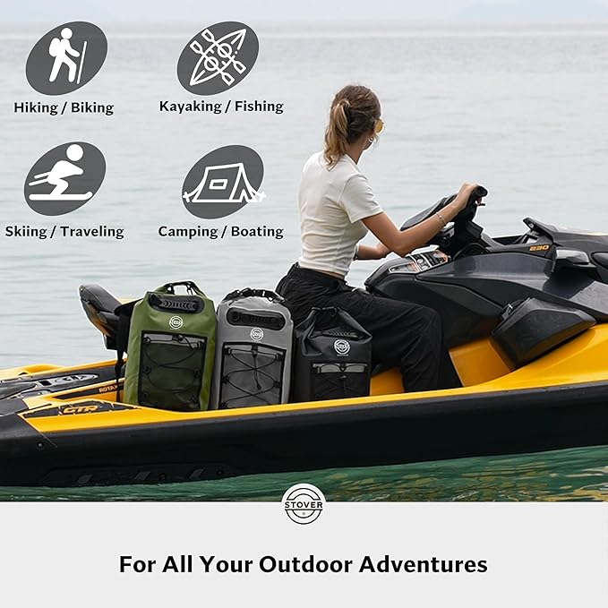 STOVER 5/10/25/30/40/55L Waterproof Dry Backpack- Medium Floating Dry Bag for Kayaking, Travel, Tubing, Hiking, Fishing, Camping, Motorcycles & the Beach, Heavy-Duty Roll Top Men/Women (Grey)