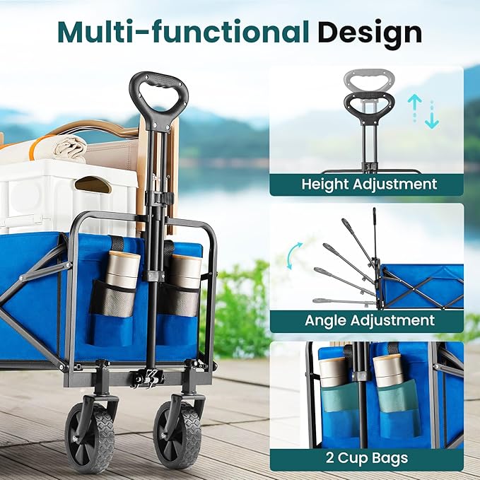 OLIXIS Heavy Duty Wagon Cart, 350 lbs Foldable Large Collapsible Wagons Carts with Wheels Smooth Maneuverability for All-Terrain, Suitable for Gardening, Camping, Beach - Blue