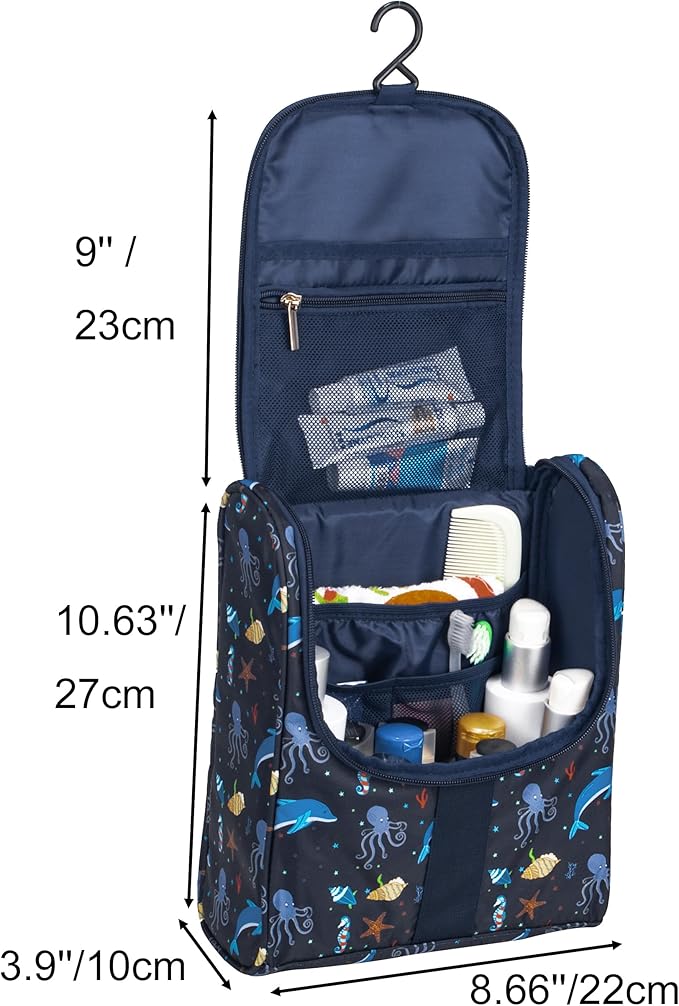 Cute Cartoon Hanging Kids Toiletry Bag Children Travel Cosmetic Makeup Organizer Wash Bag Shower bag Over Night Bag Camping Shaving Kit Bag for Boys & Girls (Sea World)