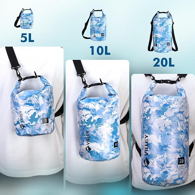 VILLEY Dry Bag Waterproof 5L Roll Top Sack Keeps Gear Dry Lightweight Dry Sack for Kayaking Boating Camping Swimming and Beach Adventures Blue Camo
