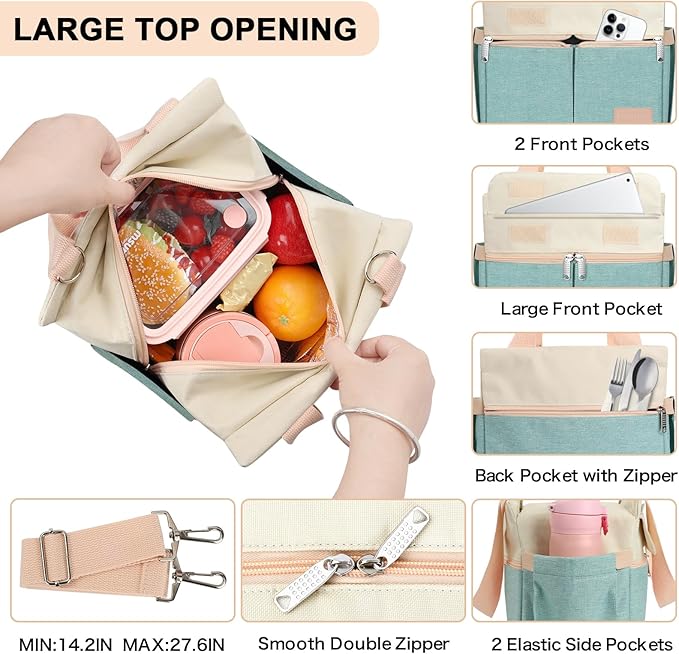 Joymee Lunch Box for Women Insulated Lunch Bag with Shoulder Strap Reusable Leakproof Large Spacious Lunch Cooler Tote for Women Adult with Bottle Holder and Side Pockets for Work - Heather Teal