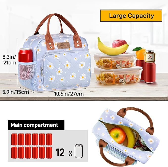 Buringer HOMESPON Lunch Bag for Woman Man Adults with Front Pocket Insulated Lunch Tote Lunch Box Container for Work Picnic or Travel（Blue Daisy）