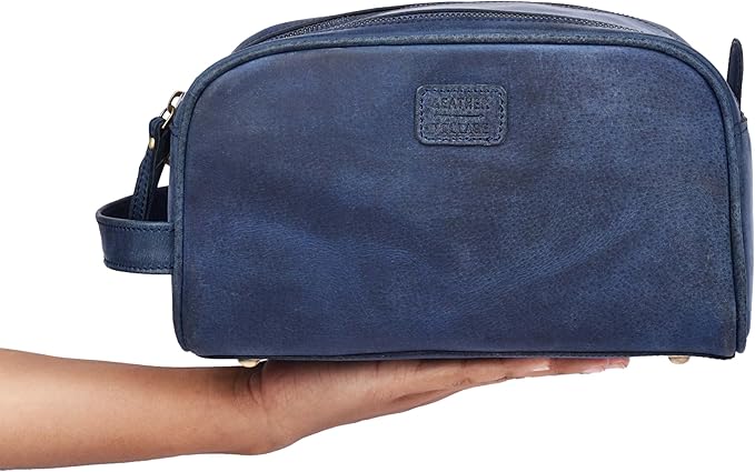 LEATHER VILLAGE Premium Leather Toiletry Travel Pouch With Waterproof Lining - Blue | King-Size Handcrafted Vintage Dopp Kit Bag