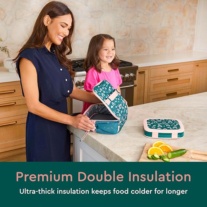 Bentgo Kids Lunch Bag - Durable, Double-Insulated Lunch Bag for Kids 3+; Holds Lunch Box, Water Bottle, & Snacks; Easy-Clean Water-Resistant Fabric & Multiple Zippered Pockets (Green Rainbow)