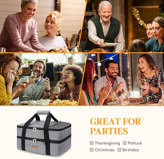 Double Decker Insulated Casserole Carrier for Hot or Cold Food, Lasagna Holder Tote for Potluck Parties/Picnic/Cookouts, Fits 9"x13" Baking Dish, Grey