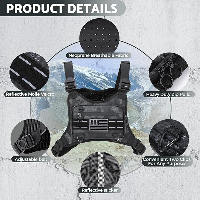 Sports Chest Bag For Men Women, Water Resistant Lightweight Front Chest Pack, Running Vest Bag With Built-In Phone Holder & Extra Storage For Workouts, Running, Cycling (Camo)