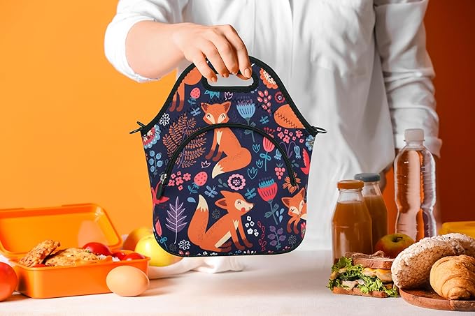 Violet Mist Neoprene Thermal Insulated Resuable Lunch Bag Tote Large with Extra Pocket Detachable Adjustable Shoulder Cute Fox Animal Cartoon Lunchbox Food Handbags Container for Women Christmas