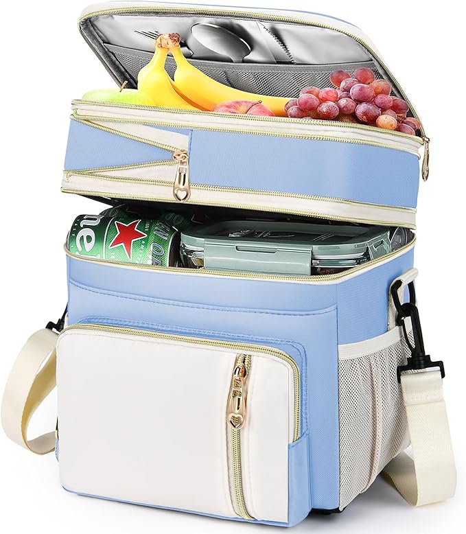 Lunch Box & Lunch Bag for Women, Large Insulated Adult Lunch Box Leakproof Lunchbox Cooler Bag for Work Picnic Beach,16L, Sky Blue & White