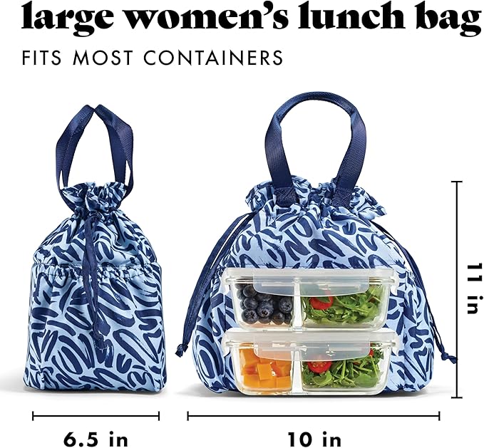 Fit & Fresh Lunch Bag For Women, Insulated Womens Lunch Bag For Work, Stain-Resistant Large Lunch Box For Women With Containers, Cinch Closure Cromwell Bag Navy Brush Strokes