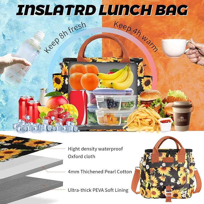 Joymee Insulated Lunch Bag for Women/Men, Waterproof Lunch Box for Office Work Picnic Beach, Reusable Large Leakproof Cooler Tote Bag with Adjustable Shoulder Strap & Side Pocket, Sunflower