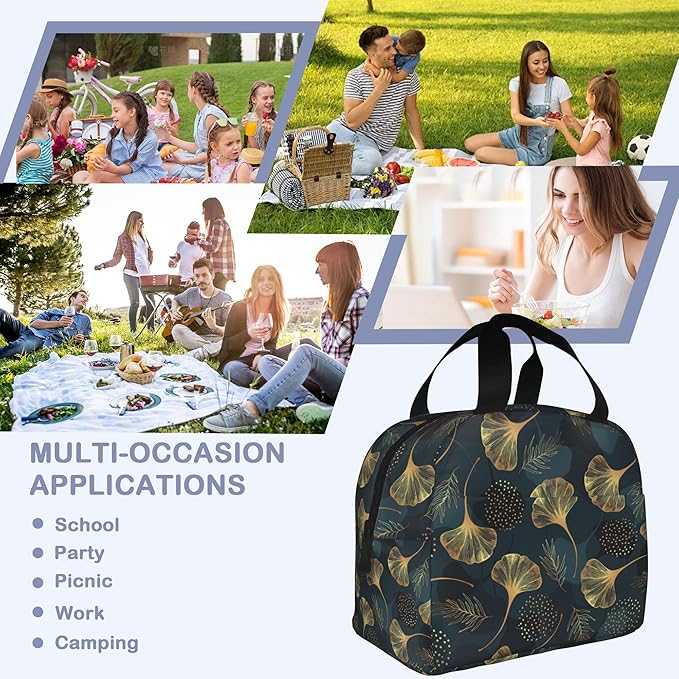 Golden Gingko Leaf Leaves Insulated Lunch Bag Reusable Lunch Box Women Men,Cooler Thermal Meal Tote for Kids School Student Picnic Office Work