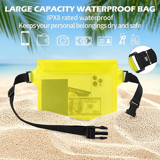 2-Pack Waterproof Pouch with Adjustable Waist Strap, Waterproof Dry Bag, Keeps Cell Phones and Valuables Safe and Dry, Perfect for Kayaking, Beach, Camping and Swimming (Black)