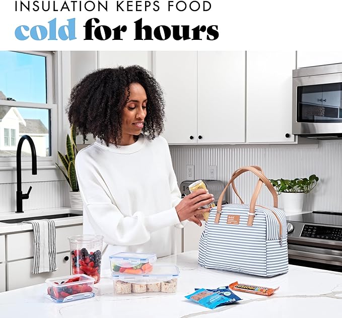 Fit & Fresh Insulated Leakproof & Stain-Resistant Large Lunch Box For Women With Expandable Bottle Pocket, Laketown Lunch Bag Gray Stripe