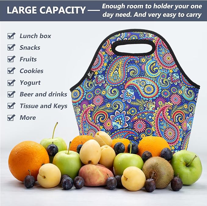 LOVAC Neoprene Lunch Bag, Thick Insulated Lunch Bag - Durable & Waterproof Lunch Tote With Zipper For Outdoor Travel Work(Retro2)