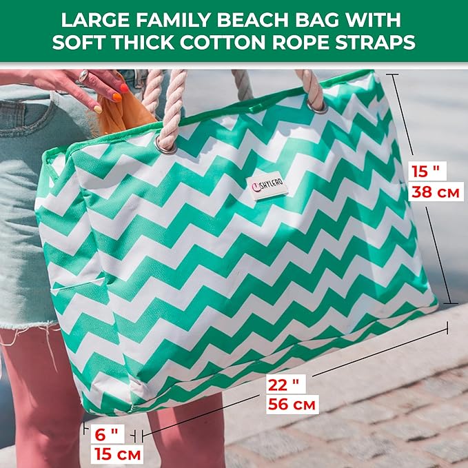 SHYLERO Beach Bag and Pool Bag. Has Airtight Pouch, Ton of Pockets. Beach Tote is Zippered, Water Resistant. Family Size
