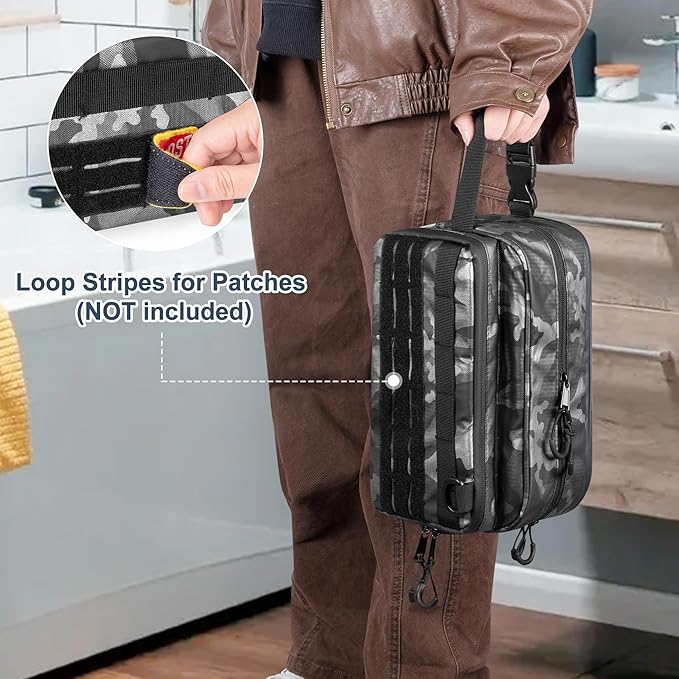 Toiletry Travel Bag for Men Tactical Hygiene Bag, Shaving Kit Toiletries Organizer Dopp Kit with Large Capacity, Black Camo(Empty Bag Only)