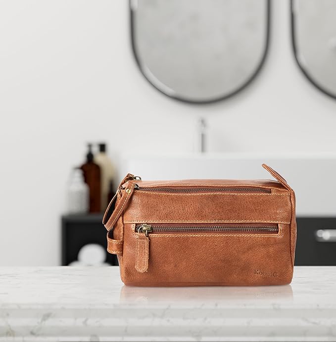 KomalC Premium Buffalo Leather Unisex Toiletry Bag Travel Dopp Kit