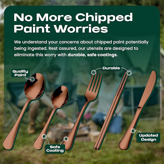 Portable Travel Silverware Set With Case, Includes 5 Pcs of Travel Utensils With Case, Stainless Steel Flatware Set For Camping, Easy to Travel, Lightweight (Rose Gold)