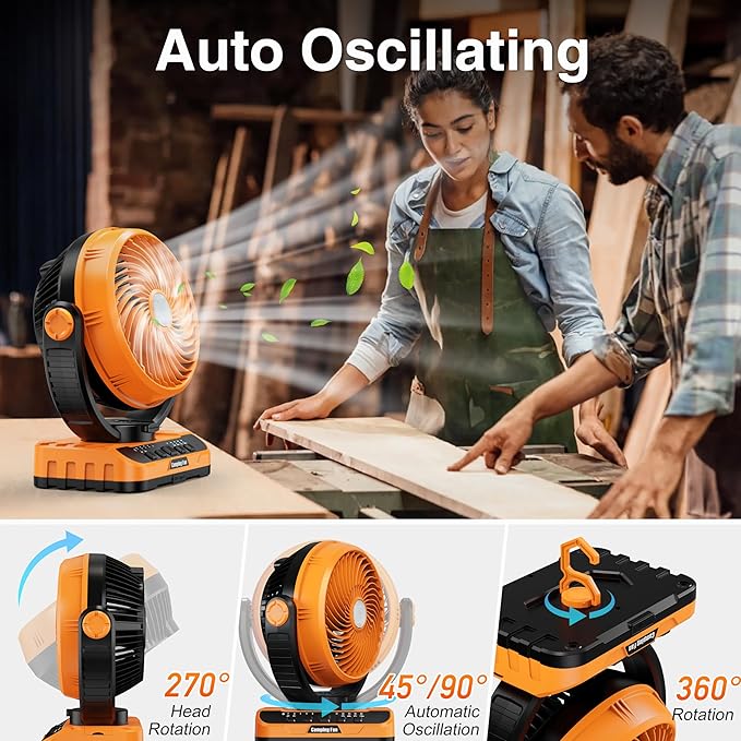 Camping Fan with LED Lantern, 40000mAh Rechargeable Battery Operated Outdoor Tent Fan with Light & Hanging Hook, 5 Speeds, Personal USB Desk Fan for Camping, Power Outage, Hurricane, Jobsite