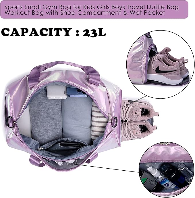 Gym Bag Sports Duffle Bag with Wet Pocket Weekender Overnight Bag with Waterproof Shoe Pouch and Air Hole for Women Girls Travel Foldable Bag (Metallic Purple)