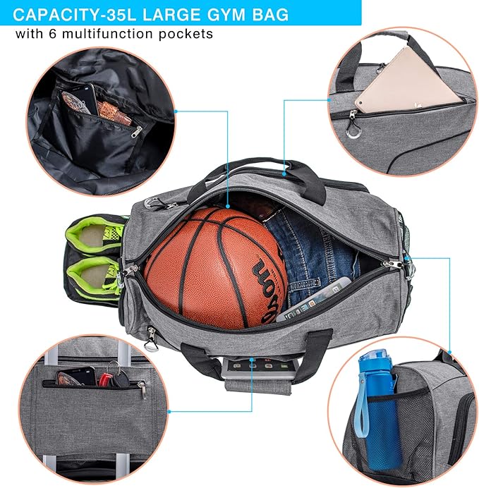 Kuston Sports Gym Bag with Shoes Compartment &Wet Pocket Gym Duffel Bag Overnight Bag for Men and Women