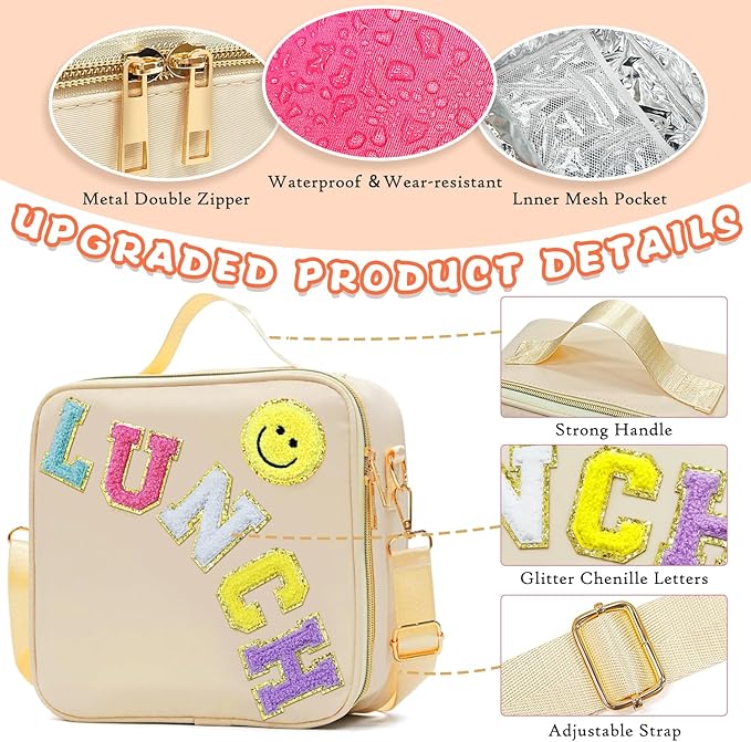 Insulated Lunch Bag Women Lunch Box Kids for Teen Girls Boys, Cute Preppy Lunch Boxes With Adjustable Shoulder Strap, Waterproof Nylon Lunchbox Lunch Bags for School Work Picnic (Beige)